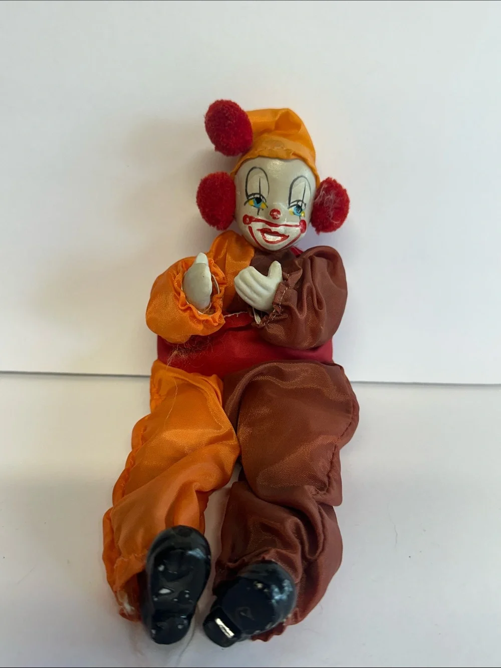 Vintage Orange & Brown Clown Doll with Red Pom Poms